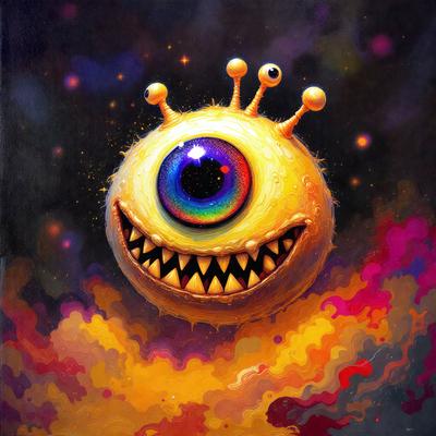 The primary subject of the image is a large, colorful, and whimsical monster with a big, round, and colorful eye. The monster is surrounded by a vibrant and lively background, which includes a cloudy sky and a colorful, swirling pattern. The visual style of the image is a combination of digital art and illustration, creating a unique and imaginative scene. The colors and mood of the image are bright, cheerful, and playful, with the monster's eye being the focal point and the main source of visual interest.